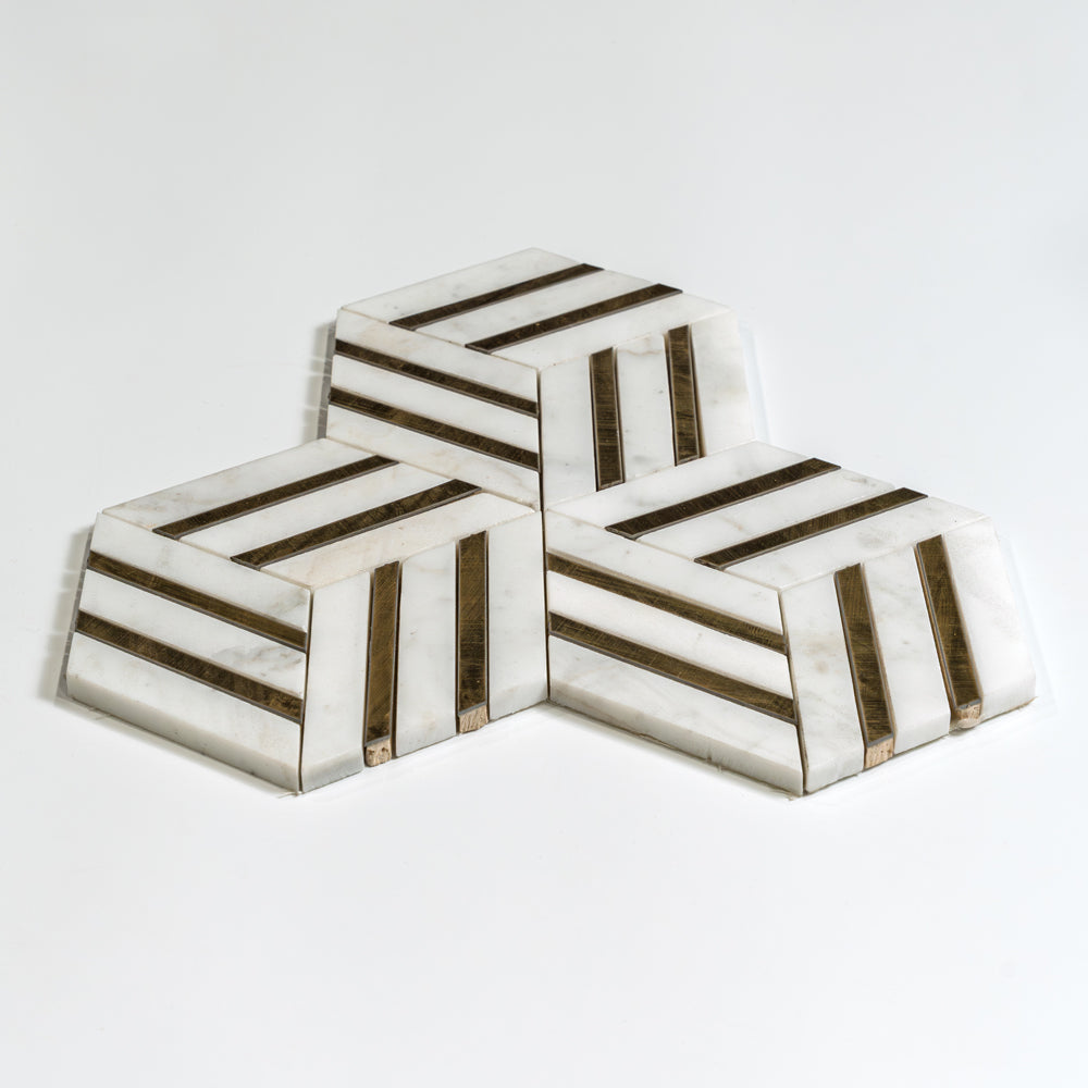 Calacatta Gold, Brass Honed Diane Marble Mosaic — 10 5/16 × 11 7/8 × 3/8 in