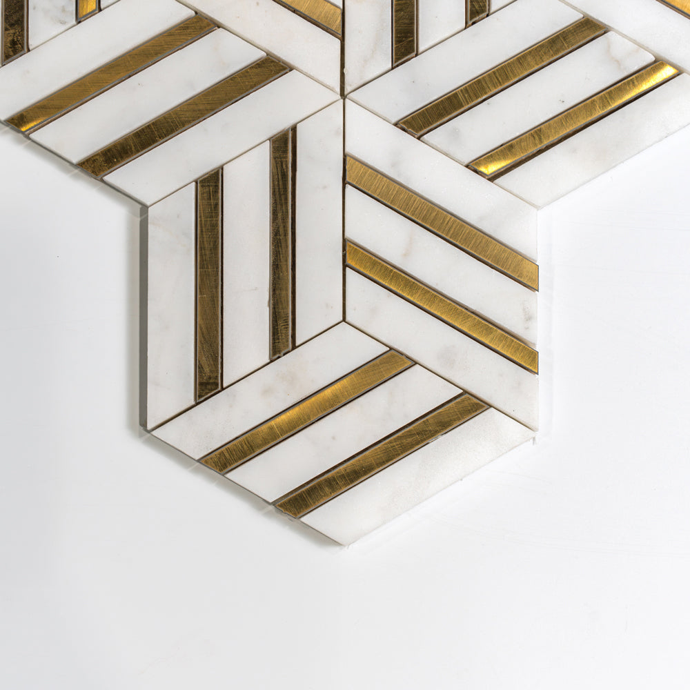 Calacatta Gold, Brass Honed Diane Marble Mosaic — 10 5/16 × 11 7/8 × 3/8 in