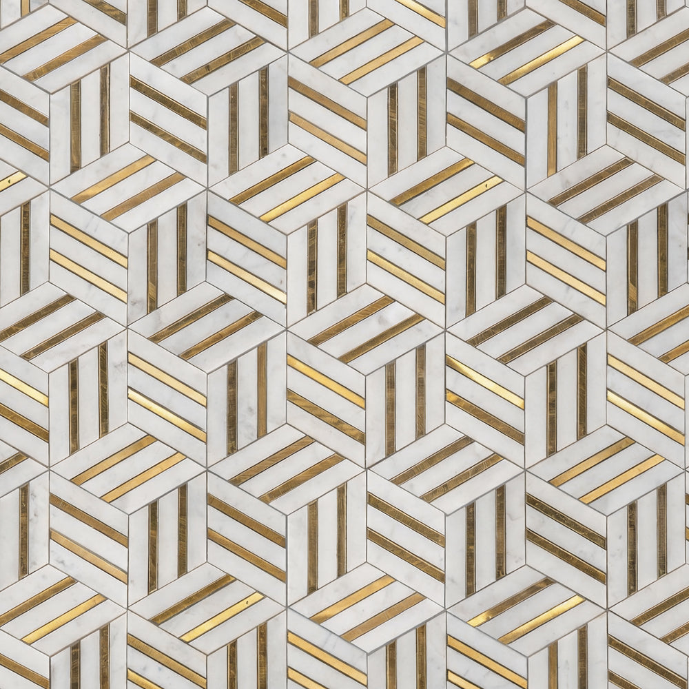 Calacatta Gold, Brass Honed Diane Marble Mosaic — 10 5/16 × 11 7/8 × 3/8 in