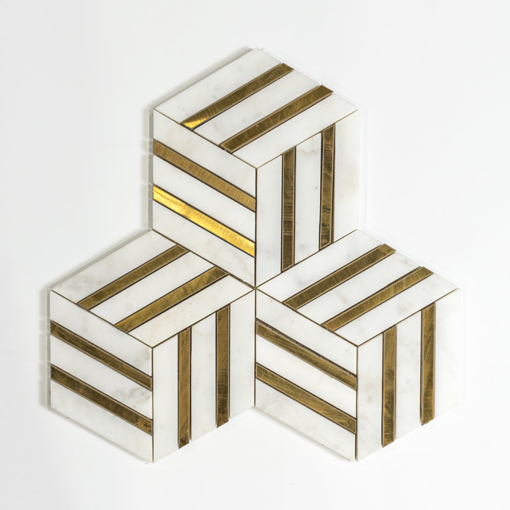 Calacatta Gold, Brass Honed Diane Marble Mosaic — 10 5/16 × 11 7/8 × 3/8 in