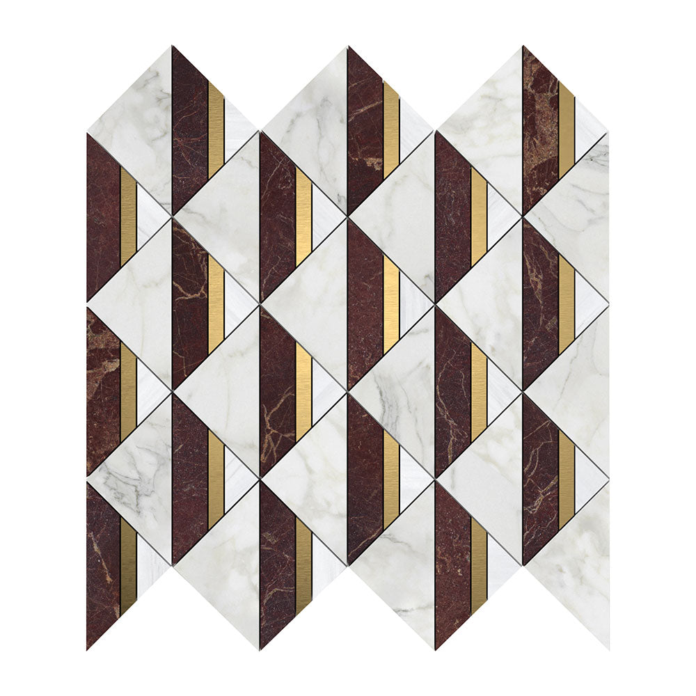 Calacatta Gold, Red Bordeaux, Brass Honed Angela Marble Mosaic — 12 3/8 × 12 1/2 × 3/8 in
