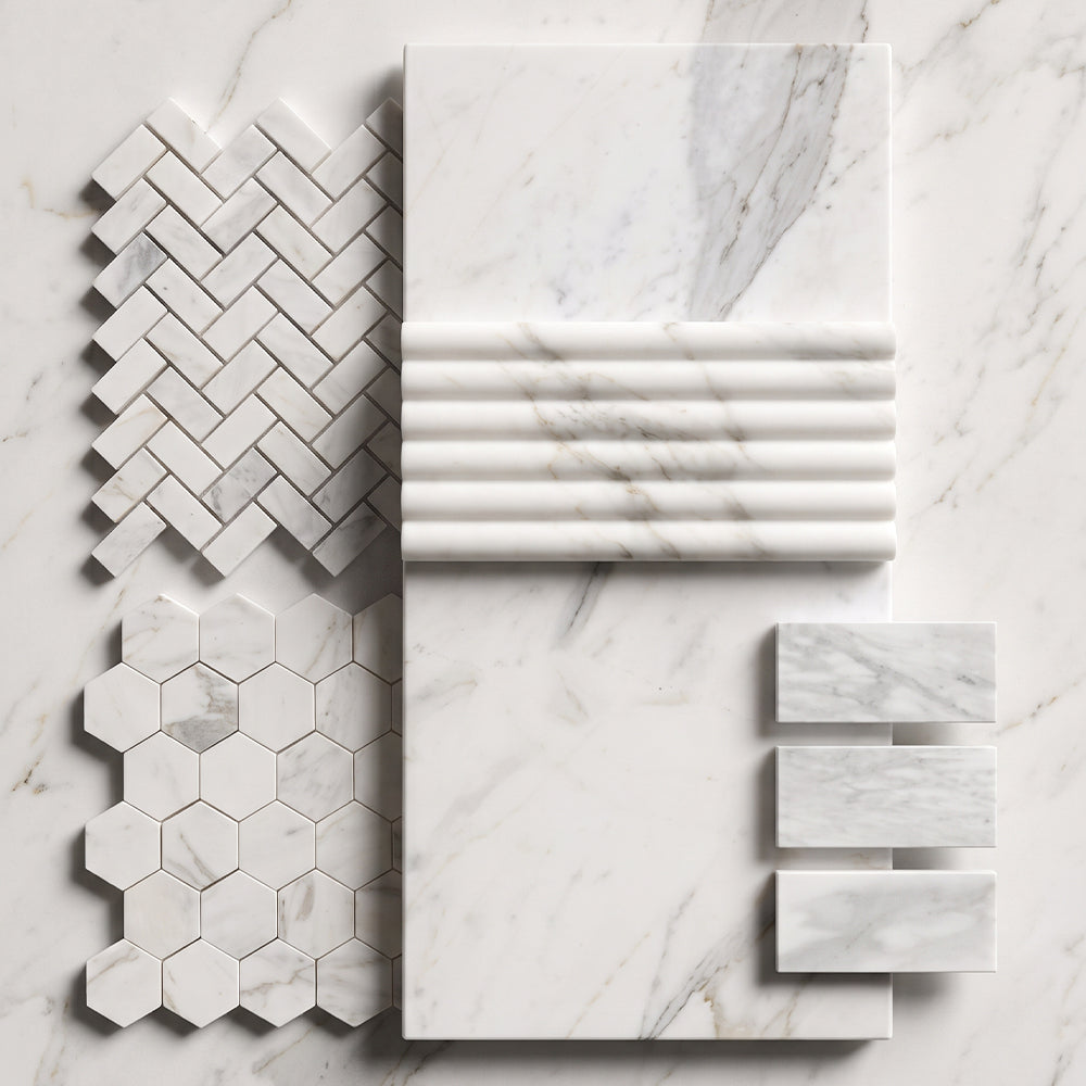 Calacatta Gold Royal Honed Hexagon 2 Marble Mosaic — 10 3/8 × 12 × 3/8 in