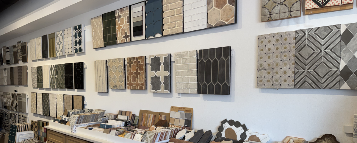 Tile displays and material samples inside the SquareFoot showroom in Corpus Christi
